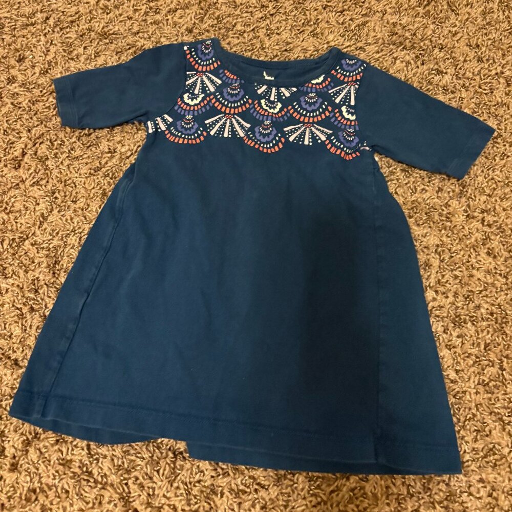 Tea Collection Dress 2 Dark Blue Geometric Print Long Sleeve 100% Cotton
